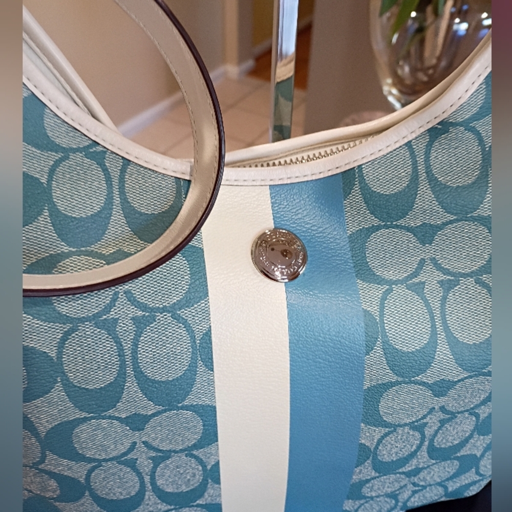 COACH SIGNATURE STRIPED CHELSEA HOBO BAG – BLUE/WHITE NO. F14476 - Picture 10 of 17